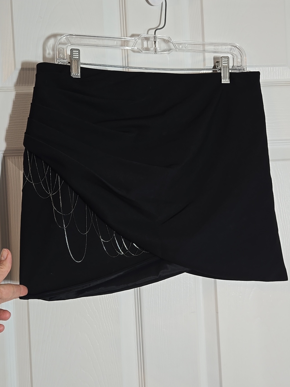 Bebe Black Ruched Asymmetric Mini Skirt with Fringe Size 8